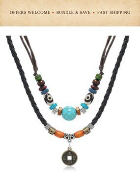 Layered Leather Turquoise Bead Coin Choker Necklace Western Boho